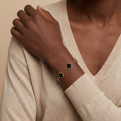 Pulsera Trébol Negro Acero Baño Oro
