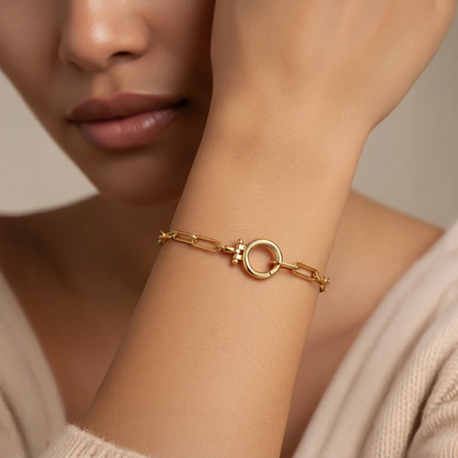 Pulsera Eslabón Círculo Acero Baño Oro