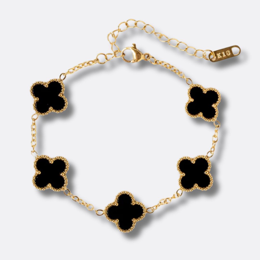 Pulsera Trébol Negro Acero Baño Oro